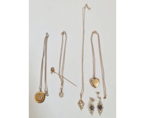 A collection of jewellery, to include a pearl set stick pin, stamped 15ct, a hallmarked 9ct yellow gold St Christopher pendan