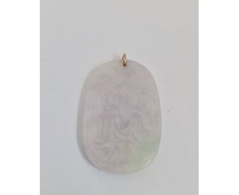 A carved Chinese white jade pendant with a flash of green wise man with character marks to front and back. 4cm.