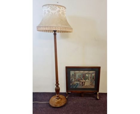 A mahogany standard lamp and shade together with a mahogany folding table/firescreen.