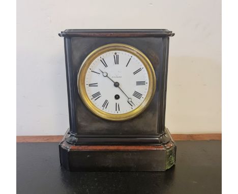 A black slate with green and red marble mantle clock faded name to face Paris &amp; Birmingham. 33cm.
