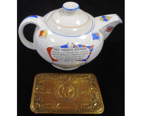 WW I Princess Mary's Christmas tin. Also WW2 china teapot depicting the Allies flags. With the legend 'War against Hitlerism.