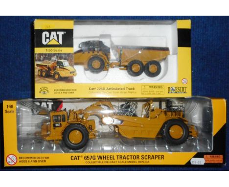 Norscot. (2) 55073 Cat 725D articulated truck. 1:50 scale.; 55175 657G Wheel tractor scraper. 1:50 scale. Both boxed.