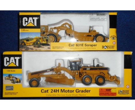 Norscot. (2) 55133 Cat 24H Motor grader. 1:50 scale.; 55699 Cat 631E Scraper. 1:50 scale. Both boxed.                        