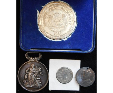 Medallions. Silver Victorian Jubilee Medal, 1897. 28mm. Cairns International Airport medallion. 1984. White metal. 57mm. Case