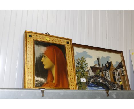 A portrait print contained in gilt frame and a wool work study 
