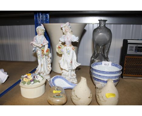 An hour glass decanter - lacking stopper; a Langley pottery vase; a pair of porcelain figures and other china 