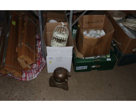 Two boxes containing various glass and china and a table lamp in the form of a divers helmet 