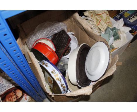 A box  of various sundries to include enamel ware and advertising tins 