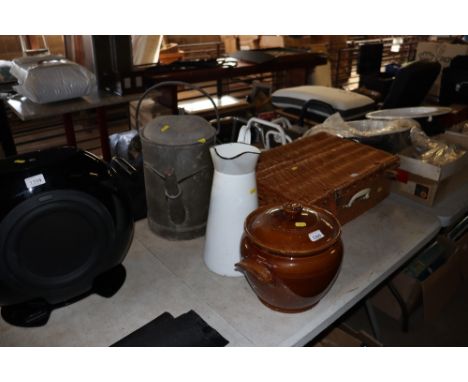 A twin crock pot with lid and enamel and a galvanised three gallon watering can