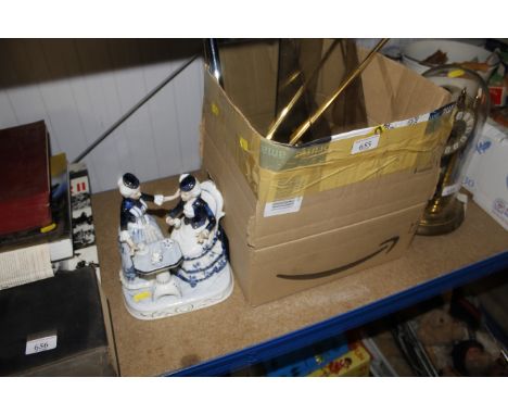 A box of bathroom and light fittings and a blue and white porcelain figure group 