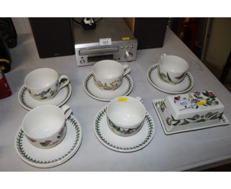 A collection of Portmeirion "Botanic Garden" cups, saucers and a butter dish and cover 