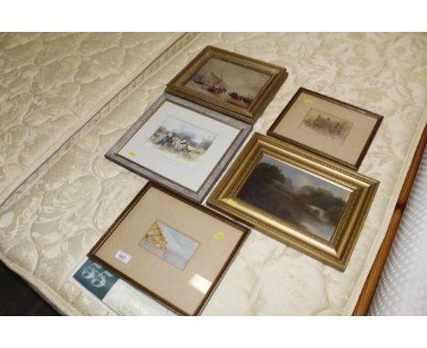 A watercolour study of coastline, watercolour study of a farmhouse, gilt framed oil study of a river scene, oleograph study o