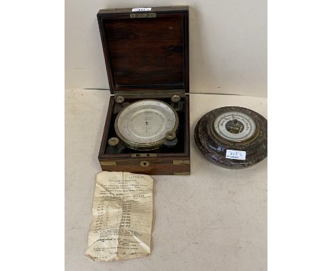 A good brass bound rosewood cased brass aneroid barometer by E G Wood Optician, 74 Cheap Side, London, case 17cm square; and 