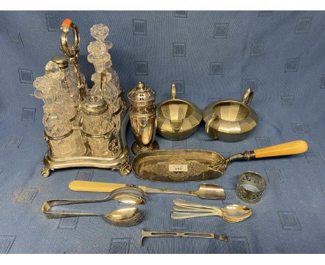 Qty silver plated ware including 8 pieces glass table cruet (some silver collars, some glass chips) crumb scoop, stilton scoo