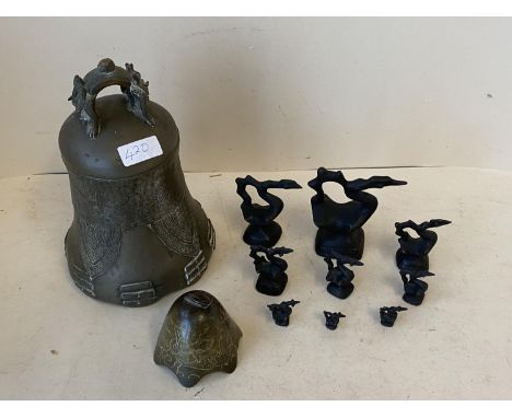 Chinese bronze bell with Bagua decoration, and others 
