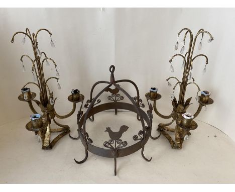 Candelabra with lustres, and a hanging metal dome with hooks and chicken motifs 
