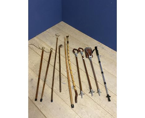 Quantity of walking sticks/canes/shooting sticks, including modern HT metal anti shock adjustable walking stick, 2 canes with