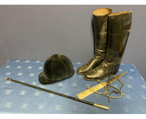 Vietnamese Ghurkas slap stick and a qty of Vintage sporting items to include riding boots and an old Locks hats(not safety ma