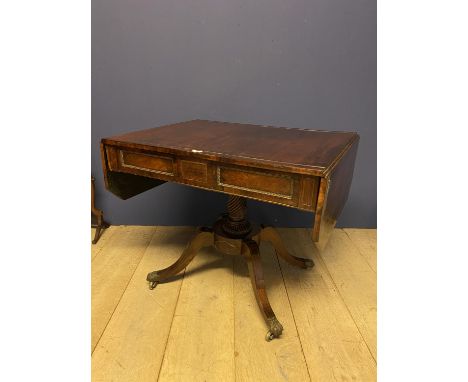 Regency rosewood and brass inlaid sofa table with 2 pull out drawers and 2 dummy drawers supported by 4 brass inlaid sweeping