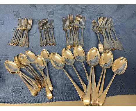 Suite of good quality silver plate flatware  all mono/crested, 9 dessert spoons, 9 large forks, 9 small forks, (36 pieces) an