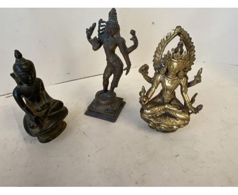 Oriental gilt bronze figure, and 2 other figures 