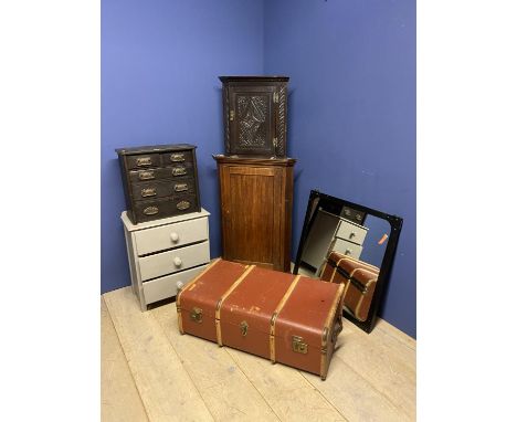 Georgian oak hanging corner cupboard, small oak carved corner cupboard, small  painted chest of drawers, Victorian small spec