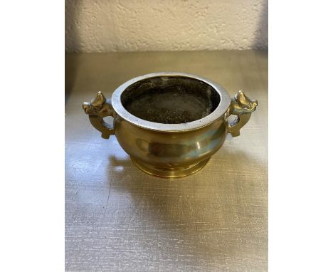 Late C19th/early C20th Chinese two handled bronze censer .internal diameter 9.5cm. external diameter 12 cm . height 7cm. over