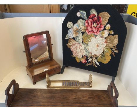 Two book slides, a tapestry/needlepoint covered screen, a small toilet mirror and a pair of brass hanging lanterns (condition