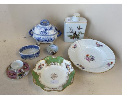 A Meissen floral pattern dish, a Coalport fluted dish, and 2 pieces of blue and white, Limoges lidded Flask etc 