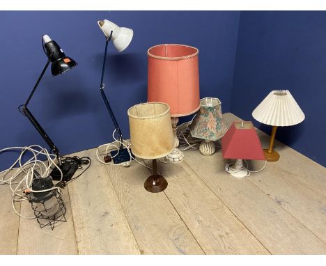 Qty of lighting to include various lamps and shades, and 2 angle poise lamps