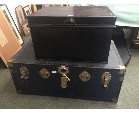 Traditional school trunk, a tin trunk / tuck box with key 55cmLong, and a wooden box with lid worn condition) 