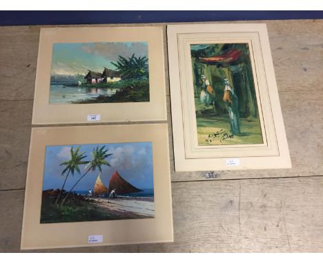 3 Unframed artworks to include a signed Middle Eastern oil painting, a pair of tropical watercolour signed coastal scene 