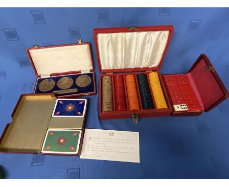 Boxed set of gaming counters, boxed souvenir of 3 Kings, boxed set dominoes and 2 boxed packs of playing cards generally good