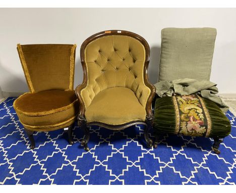 Victorian walnut framed yellow upholstered button backed ladies fireside chair and another chair, and two other chairs (some 