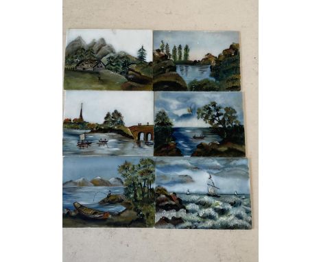 Set of 6 paintings of various coastal and mountainous scenes, painted on ceramic, (condition minor fits to the edgings, each 