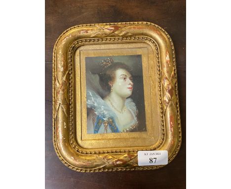 Gilt frame oil on brass portrait miniature of an Elizabethan lady 10 x 7.5cm 