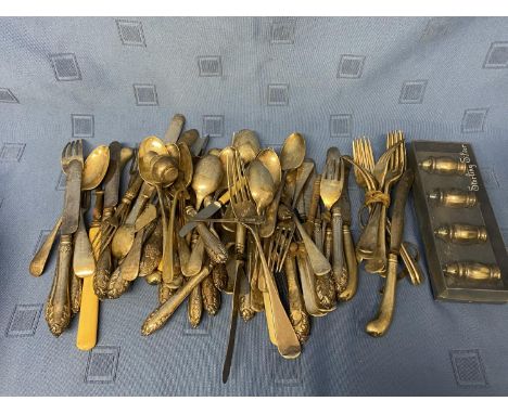 Qty old flatware, some with hallmarked silver collars, and a set of 4 sterling silver salts 