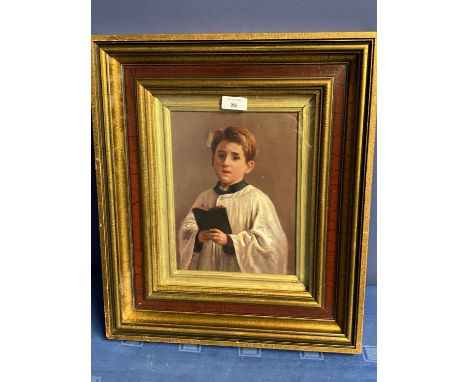 Oil on board Portrait of a choir boy with Hymn Book, 24 x 18cm 