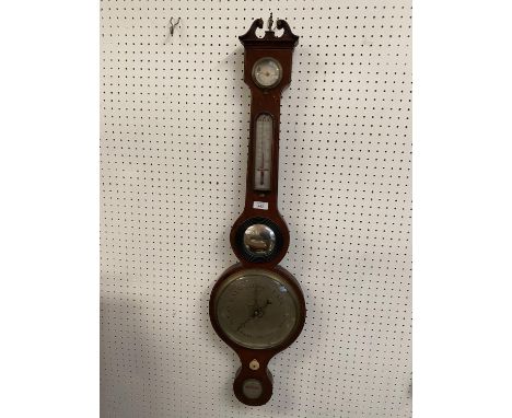 Edwardian inlaid mahogany cased mercury wheel barometer, 98cm L overall  (one swan neck pediment is cracked, otherwise genera