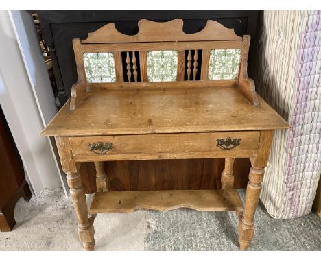 Victorian waxed pine washstand with under shelf drawer and tiled back 91cm Long (condition, generally worn, back frieze loose