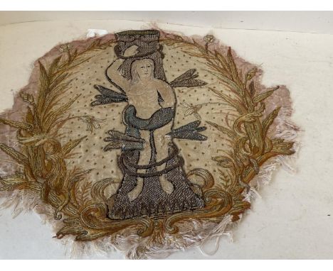 Old Continental circular tapestry and crewel work remnant of a lady, av 46  D (condition generally good, edges frayed) 