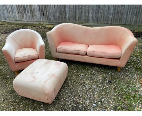 Art Deco style light pink suite of 2 seater sofa, chair, stool, (all with wear)  and Two traditional upholstered winged armch