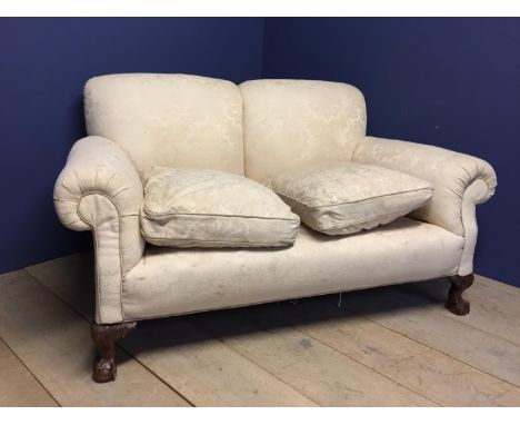 Two seater cream sofa with loose  feather cushions, and ball and claw feet, approx. 160 cm L (condition, general  wear) 