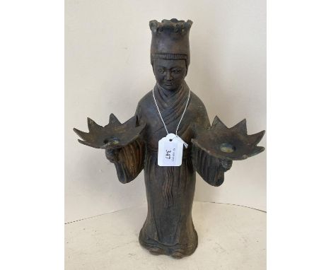 Chinese bronze robed figure holding a pair of 8 pointed leaf vessels, 34cm H, General wear 