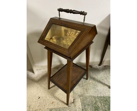 Good Edwardian brass inlaid bijouterie table with under shelf and carrying table, 31cm L x 90cmH; small pine hanging shelf, s