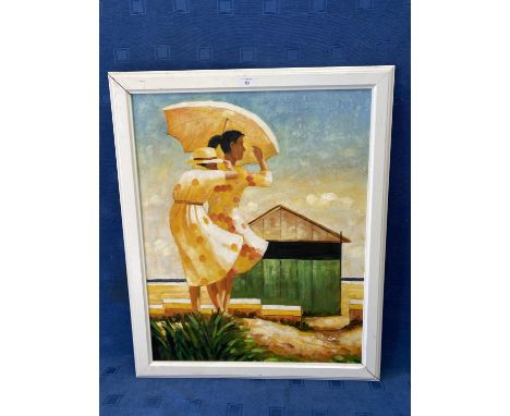 Framed  painting  portrait, Ladies on a Seashore SeaGazing, 60 x 48.5 