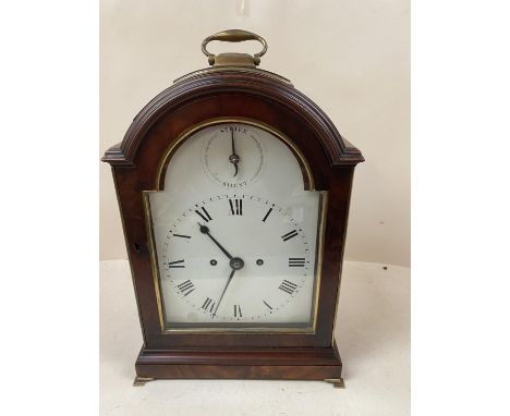 C18th Mahogany cased bracket clock, with brass top carrying handle, glazed back and front doors, and brass grille side panels