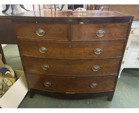 Late Regency figured mahogany bow front chest, 2 short and 3 long drawers 103cmL x 99cmH (condition, back leg bracket broken 