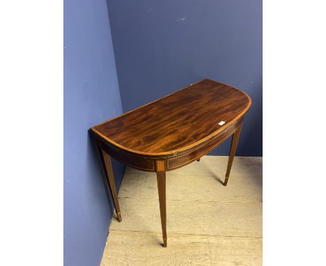 Foldover inlaid D shaped card table on slender tapering legs 