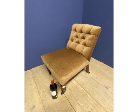 Small Victorian button back nursing chair in dark brown draylon